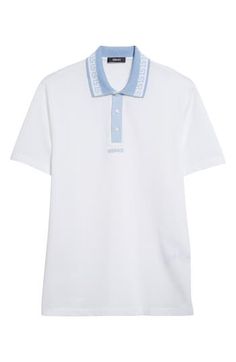 A pale Greca motif frames the collar of a polo crafted from breathable cotton piqué and styled to make a smart finish to any sporty look. 29" length (size Medium) Button half placket Spread collar Short sleeves 100% cotton Machine wash, dry flat Imported Designer Clothing Men Home Decor, Pet Mom, Rollerball Perfume, Beauty Sale, Fragrance Design, Fabric Gift Bags, Fabric Gifts, Free Fabric, Sporty Look