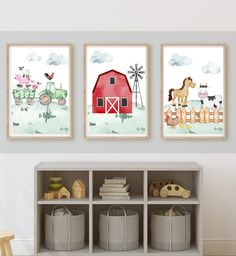 three farm animals are hanging on the wall next to bookshelves and baskets in front of them