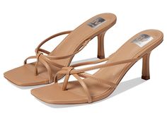 DV Dolce Vita Zini - Women's Shoes : Caramel : From brunch dates to a night on the town, the DV by Dolce Vita Zini sandals are perfect for every occasion. Strappy man-made upper. Man-made lining with a padded insole. Easy slip-on construction. Open square toe with toe-post silhouette. Brand name embossed on the footbed. Stiletto heel. Durable man-made outsole. Imported. Measurements: Heel Height: 3 in Weight: 7 oz Product measurements were taken using size 9, width M. Please note that measuremen Fitted Square Toe Sandals For Date Night, Chic Sandals With Cushioned Footbed And Square Toe, Square Toe Sandals For Date Night In Spring, Spring Date Night Sandals With Single Toe Strap, Modern Fitted Sandals With Almond Toe, Spring Mules With Cushioned Footbed And Single Toe Strap, Modern Sandals For Date Night In Spring, Fitted Slip-on Mules For Summer, Modern Fitted Mules For Summer