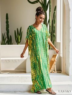 Lasaky - Womens Plus Size Boho Cover Up Dress - Tie Dye Striped V-Neck with Bat Sleeves and Split Design - Ideal for the Beach Green Long Beach Dress For Summer, Green Long Summer Beach Dress, Long Green Summer Beach Dress, Green Long Dress For Beach Season, Long Green Dresses For Beach Season, Free Size Green Beach Dress For Spring, Summer Green Free Size Maxi Dress, Long Green Beach Dress For Summer, Green V-neck Dress For Vacation