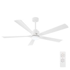 a white ceiling fan and remote control