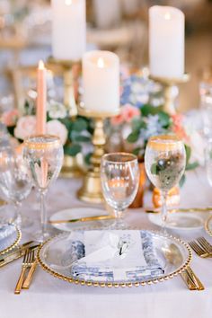 Handmade Paper Wedding Menu with White Silk Ribbon and Greenery sprig, on gold beaded clear charger plates and Dusty Blue Damask table linen, designed and printed by Interprintations | Wedding at White Willow Farm | Wedding Invitation Shop in Indianapolis, Carmel, Brownsburg, Zionsville, Greenwood, Fishers, Noblesville, Westfield Clear Charger Plates, Gold Charger Plate, Damask Linen, White Willow, Indianapolis Wedding, Paper Wedding, Wedding Linens, Table Linen