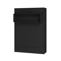 a black wall mounted cabinet with an open shelf on the top and bottom half of it