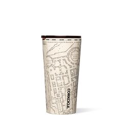 a white cup with a map on it