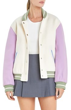 Sweeten your varsity style in this colorblock bomber jacket complete with striped ribbed trim and handy front pockets. Front snap closure Rib collar Front welt pockets Ribbed cuffs and hem Lined 80% polyester, 20% viscose with 100% polyester contrast Hand wash, dry flat Imported Bodysuit Jumpsuit, English Factory, Blouse Short Sleeve, Little White Dresses, Midi Maxi Dress, Skirt Leggings, Plus Size Swimwear, Long Blouse, Sweatshirt Dress