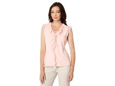 Tommy Hilfiger Sleeveless Mix Media Ruffle Front Blouse - Women's Clothing : Ballerina Pink : Opt for the vintage inspired Tommy Hilfiger Sleeveless Mix Media Ruffle Front Blouse. V-neckline and sleeveless style. Ruffled detail on the front button-down blouse. Straight hemline. Pull-on style. 95% polyester, 5% spandex. Machine wash, dry flat. Imported. Measurements: Length: 23 1 4 in Product measurements were taken using size SM (US 4-6). Please note that measurements may vary by size. Cheap Tommy Hilfiger Short Sleeve Tops, Feminine Sleeveless Blouse Tank Top For Work, Spring Office V-neck Tank Top, Tommy Hilfiger Blouse For Spring Workwear, Tommy Hilfiger Spring Blouse For Work, Tommy Hilfiger Spring Workwear Blouse, Fitted V-neck Tommy Hilfiger Tops, Fitted Tommy Hilfiger V-neck Tops, Tommy Hilfiger Fitted V-neck Tops