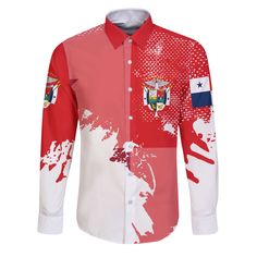 Panama Long Sleeve Button Shirt Flag & Coat Of Arms Paint Style White Long Sleeve Shirt With Sublimation Print, White Long Sleeve Shirt With All Over Print, White Button-up Shirt With All Over Print, Long Sleeve Shirt With Sublimation Print, Panama Flag, Arm Painting, Tropical Colors, Flag Shirt, Button Shirt