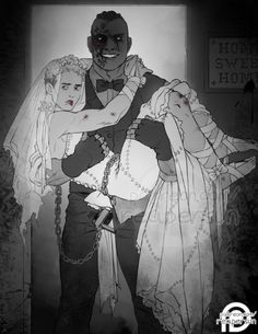 the bride and groom are dressed up for their halloween wedding ceremony in this black and white photo