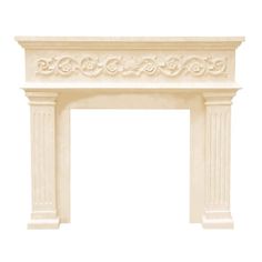 a white fireplace mantel with an ornate design on the top and bottom part of it