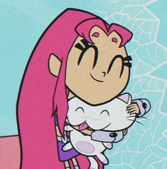 a cartoon character with long pink hair holding a white cat in her arms and looking at the camera