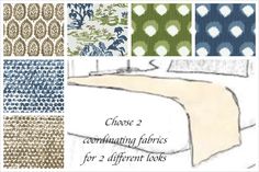 four different types of bed linens with the words choose 2 coordinating fabrics for two different looks