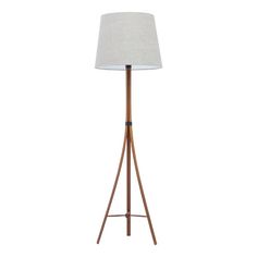 a wooden tripod floor lamp with a white shade