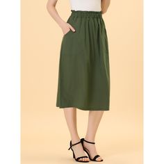 Remember the good times in this cotton A-line midi skirt.Simple and delicate, this skirt features elastic waist, slash pocket, solid color, cotton fabric, A-line, and midi length. From Monday to Sunday, this skirt is effortless to throw on. With the design of elastic waist, this skirt is easy to wear for all kinds of body shapes. Pair perfectly with a T-shirt or shirt for a stylish look. Casual Cotton Skirt With Pleated Waist, Green Cotton Skirt With Pockets, Spring Maxi Skirt With Pockets For Daywear, Green Cotton Casual Maxi Skirt, Solid Cotton Skirt With Pockets, Casual Full Cotton Skirt, Casual Green Full Skirt, Daywear Flared Skirt With Pockets, Green Knee-length Cotton Skirt