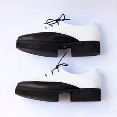 "Black and White Platform Oxfords, Leather Oxfords Shoes with Platform Heels For Women, Handmade Shoes, Oxford Shoes Women, minimalist These are Black & white oxfords with a platform in black color. They are comfortable and Chic and will look great with any outfit. Wonderful winter shoes for running around the city, day or night. There is good space for your toes and special thick sole that are a bit bouncy and adds 1.57 Inch to your heels, yet feel like they are flat. All of our shoes are handm White Flat Heels With Rubber Sole, White Office Heels With Rubber Sole, Modern White Leather Shoes With Contrast Sole, White Formal Heels With Rubber Sole, White Leather Shoes With Rubber Heel Cap, Modern White Leather Shoes With Rubber Sole, Modern White Leather Shoes, Modern White Leather Shoes With Almond Toe, Modern White Almond Toe Leather Shoes