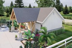 this is an artist's rendering of a small house in the country side yard