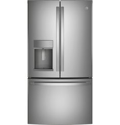 a stainless steel refrigerator freezer with water dispenser on the front and door