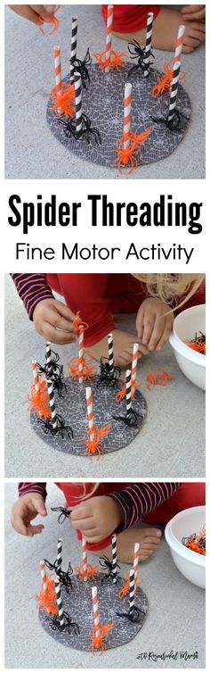 spider threading fine motor activity for kids to do with their hands and feet on the table