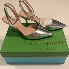 Silver Heels. These Shoes Are So Beautiful But They Are Too Small For Me. Kate Spade Low Heel With Heel Strap, Kate Spade Low Heel Heels With Heel Strap, Kate Spade Low Heels With Heel Strap, Kate Spade High Heels With Branded Heel Counter, Kate Spade Closed Toe Party Heels, Kate Spade Pointed Toe Party Heels, Kate Spade Pointed Toe Heels, Kate Spade 4-inch Heel Chic Heels, Kate Spade High Heels With Padded Heel