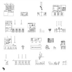 an architectural drawing of various tables and chairs, including one for the dining area in the center