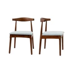 two wooden chairs with white upholstered seat cushions on each one and the other side