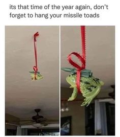 two pictures of a frog hanging from the ceiling with red ribbon on it's head