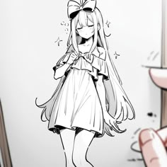 a drawing of a girl in a dress with long hair and bows on her head