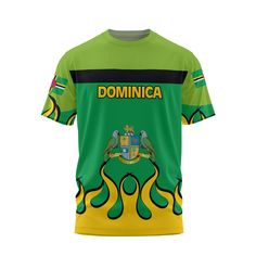 Dominica T Shirt Flag & Coat Of Arms Fire Hockey Style Green Crew Neck Shirt For Sports Events, Dominica Flag, Flag Shirt, Feel It, Coat Of Arms, High Definition, Wrinkles, Unisex T Shirt, Hockey