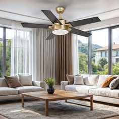 a living room filled with furniture and a ceiling fan in the middle of it's walls