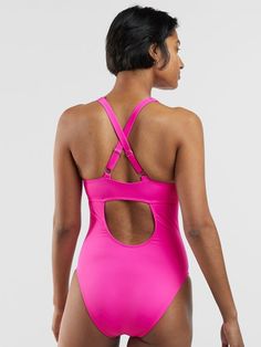 Athletic One Piece: Real Deal Azalea | Title Nine Pink Sports Swimwear With Moderate Back Coverage, Pink Second-skin Swimwear With Lined Body, Solid Second-skin Swimwear For Sports, Solid Color Full Coverage Swimwear With Built-in Padding, Solid Full Coverage Swimwear With Built-in Padding, Swimsuit Fabric, Title Nine, Upf 50, One Piece Swimsuit