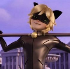 the animated catwoman is holding on to a pole with her hands behind her back