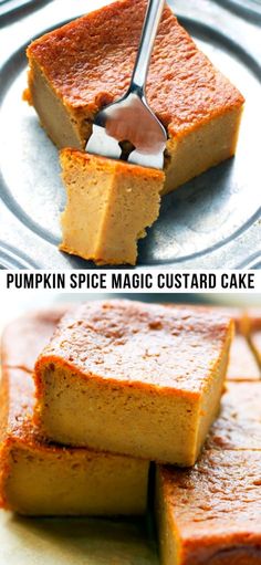 pumpkin spice magic custard cake is cut into squares with a spatula on top