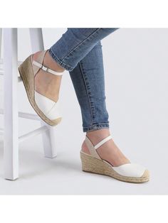 White Elegant,Vacation,Fashionable Collar   Plain Wedge Sandals Embellished   Women Shoes Platform Sandals Summer, Women Platform Sandals, Espadrilles Wedges, Sandals Summer, Platform Sandals, Wedge Sandals, Ankle Strap, Espadrilles, Wedges