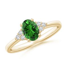 Turn heads with this lab-grown solitaire oval emerald ring with trio lab diamond accents by Angara. Browse our collection of lab-grown emerald rings. Oval Emerald Ring, Rose Gold Band, Lush Green, Gold Band, Gold Bands, Prong Setting