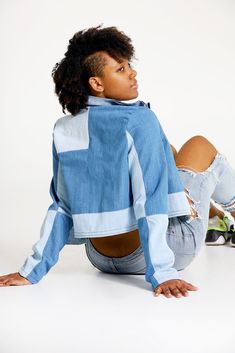 "Own the streets wearing this killer denim jacket. This jacket is reversible and designed to look inside-out with raw seams and color-blocked patterning, along with reflective tape and nylon embellishments. Whereas on the reverse side, the jacket is designed with solid color-blocked patterns and a pinch of reflective tape at its hem. -All of our garments are individually handmade once order is successful. *Garments are fit to size *If your measurements for your size is a little different than th Trendy Patchwork Denim Jacket For Streetwear, Urban Patchwork Denim Jacket For Streetwear, Urban Patchwork Denim Jacket With Long Sleeves, Trendy Denim Cropped Jacket For Streetwear, Medium Wash Denim Cropped Jacket For Streetwear, Blue Denim Cropped Jacket For Streetwear, Cotton Long-sleeve Cropped Jacket For Streetwear, Cotton Long Sleeve Cropped Jacket For Streetwear, Cotton Cropped Jacket With Long Sleeves For Streetwear