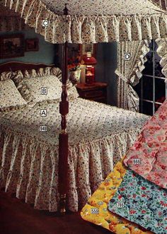 the bed has four pillows on it and is covered with ruffled bedspreads