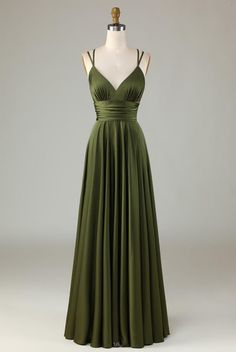 Evening Bridesmaid Dress With Ruched Bodice In Satin, Party Bridesmaid Dress With Ruched Satin Bodice, Satin Bridesmaid Dress With Ruched Bodice For Party, Satin Bridesmaid Dress With Ruched Bodice For Prom Season, Green Prom Gown With Ruched Bodice, Green Gown With Ruched Bodice For Prom, Summer Satin Gown With Sweetheart Neckline, Satin Prom Dress In Solid Color, Satin Gown With Ruched Bodice And Spaghetti Straps