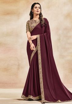 Maroon satin silk plain saree with designer blouse 42016 Desc: Style : Saree with Designer Blouse Color : Maroon Saree Fabric : Satin Silk Wash Care : Dry clean Sleeve Style : Half Sleeve Long Sleeves : Done only in Custom Stitch Sleeves Lining : Done only in Custom Stitch Bust Size : 34 to 40 Inches Occasion : Reception Gudi Padwa Wedding Kitty Party Mehendi Sangeet Party Wear. With Express Free Shipping Buy Indian Party wedding wear Bridal saris Maroon satin silk plain saree with designer blou Mode Purple, Maroon Saree, Simple Saree Designs, Indian Sari Dress, Sari Design, Raw Silk Saree, Sari Dress, Plain Saree, Simple Sarees