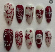 Cherry Red Nails With Design, Red And White Nails Aesthetic, Gel X Red Nails, K Pop Nails Design, Maroon Nails Y2k, Deep Red Nails Designs Burgundy, Y2k Aesthetic Nails Red, Nail Art Red And White, Winter 2024 Nails