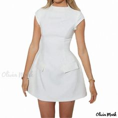 Olivia Mark - Elegant High-Waisted Bodycon Dress with Stylish Round Neck, Short Sleeves, and Zipper Detail Casual Mini Dress For Work With Back Zipper, White Casual Mini Dress With Back Zipper, White Fitted Dresses With Pockets, Casual White Mini Dress With Back Zipper, White Fitted Dress With Pockets, Tie Maxi Dress, Polka Dot Maxi Dresses, Princess Sleeves, Chic Pink