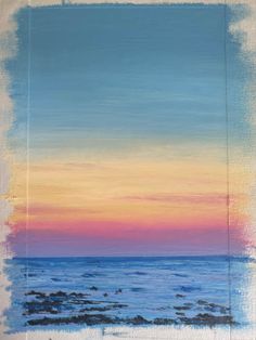 an oil painting of a sunset over the ocean with blue, pink and yellow colors