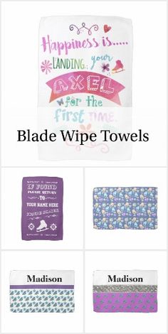 towels with different designs and words on them, including the name of each towel in purple