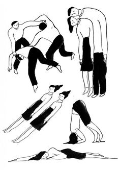 black and white drawing of people doing different poses