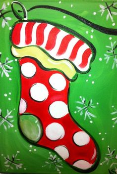 a painting of a christmas stocking with snowflakes