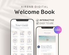 the airbn digital welcome book is displayed next to an iphone with icons on it