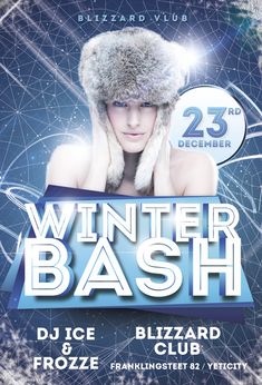 winter bash flyer template with woman in fur hat