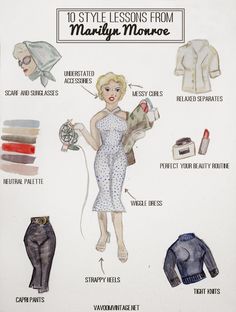 the fashion guide for marilyn monroe is shown in this hand - drawn illustration, which includes clothes and accessories