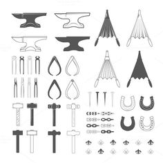 various tools are shown in this black and white image, including an umbrella, wrenches,