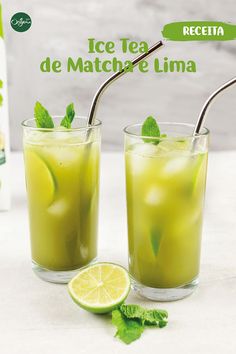 two glasses filled with ice tea and lime