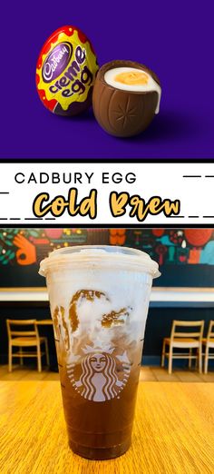 the cadbury egg cold brew is in front of an image of a coffee cup