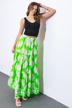 An exquisite woven maxi skirt, adorned with beautiful prints and a comfortable elasticized waistband.. Matching top IT12879Details:Self : 100% CottonSize & Fit- Model is 5`9" And Wearing Size Small- Measurements Taken From Size Small- Approx. Length: 41" Green Relaxed Maxi Skirt For Spring, Vacation Gathered Maxi Skirt, Green Relaxed Fit Maxi Skirt For Spring, Green Lined Maxi Skirt For Spring, Green Floral Print Skirt For Vacation, Vacation Floral Print Green Skirt, Green Full Maxi Skirt For Summer, Casual Voluminous Maxi Skirt For Vacation, Green Floral Print Skirt For The Beach